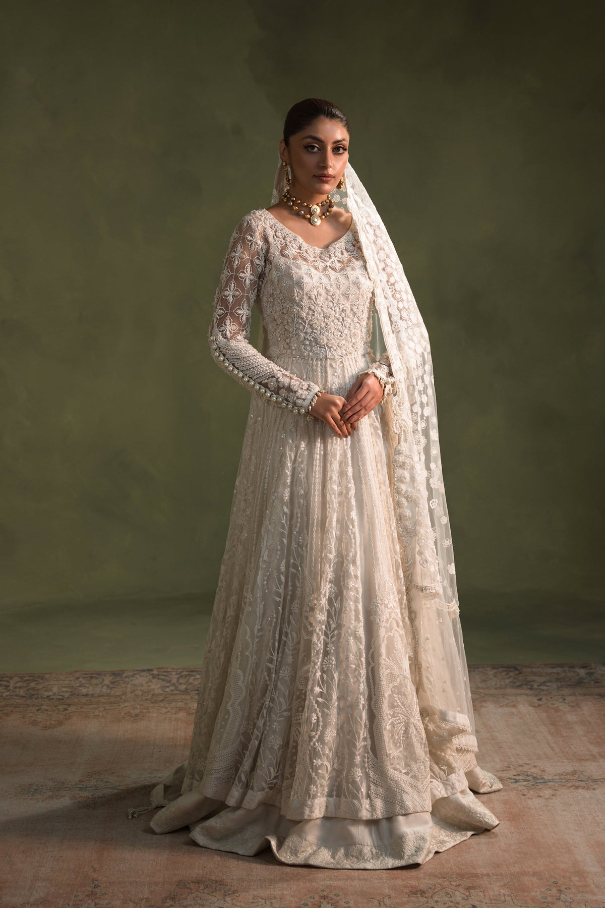 Ammara Khan Moonbeam Style by Mairaz pearl bridal peshwas front view