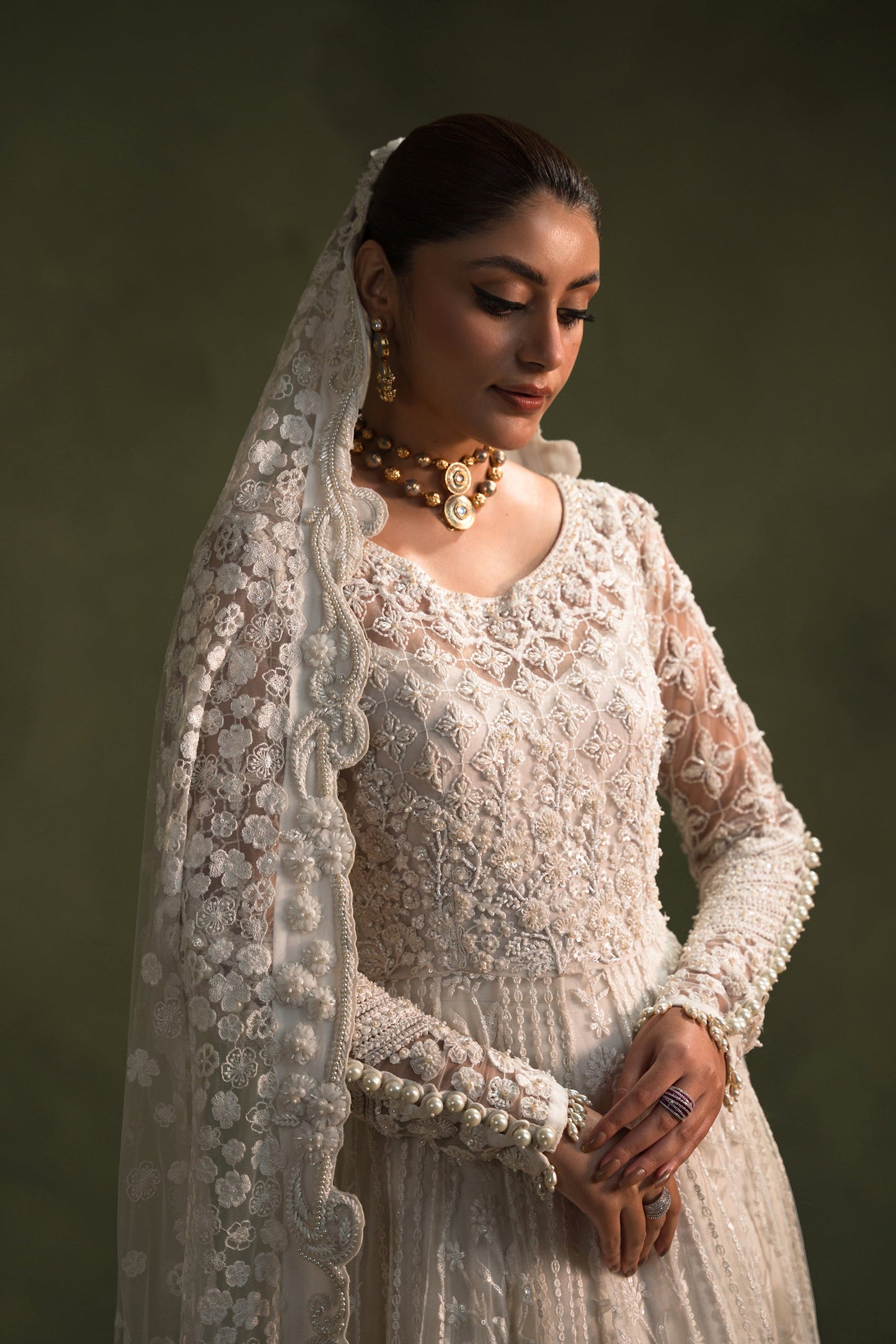 Ammara Khan Moonbeam Style by Mairaz pearl embroidered dupatta and peshwas