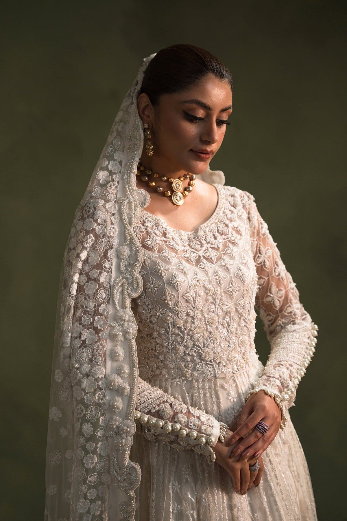 Ammara Khan Moonbeam Style by Mairaz pearl embroidered dupatta and peshwas