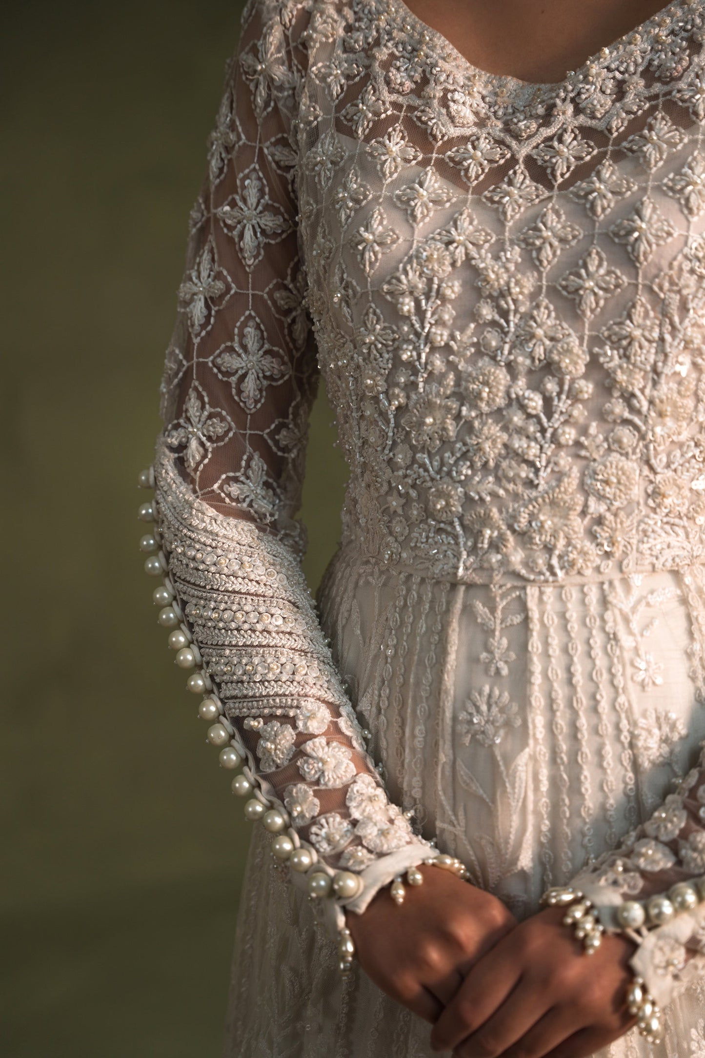 Ammara Khan Moonbeam Style by Mairaz pearl hand embellished bridal detail
