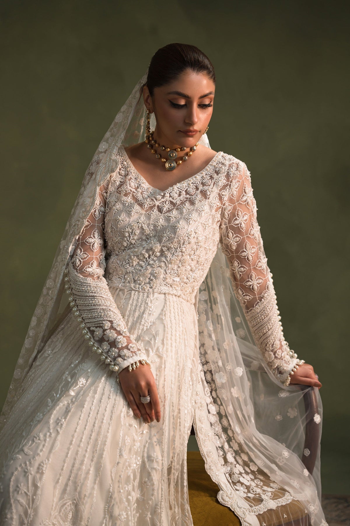 Ammara Khan Moonbeam Style by Mairaz pearl three piece Nikah bridal look
