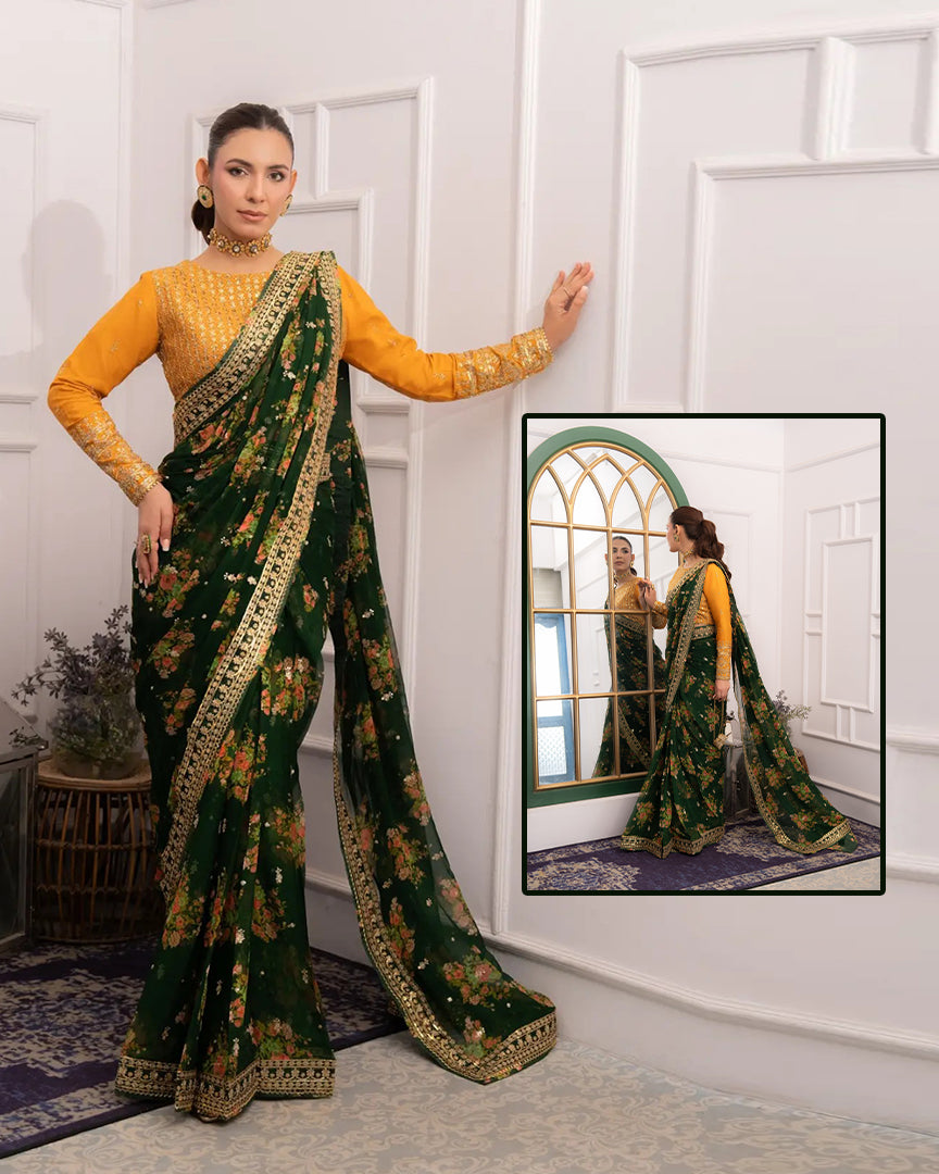 Aneela's Mehndi & Mayu Saree style design reference — full front and back