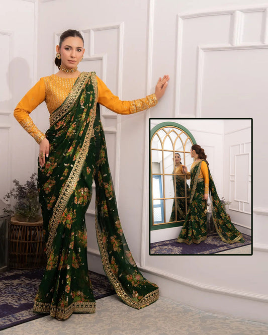 Aneela's Mehndi & Mayu Saree style design reference — full front and back