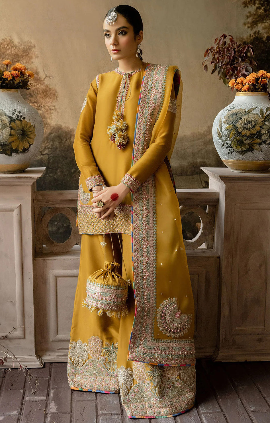 Hussain Rehar Arasti style mustard embroidered formal – product view 1