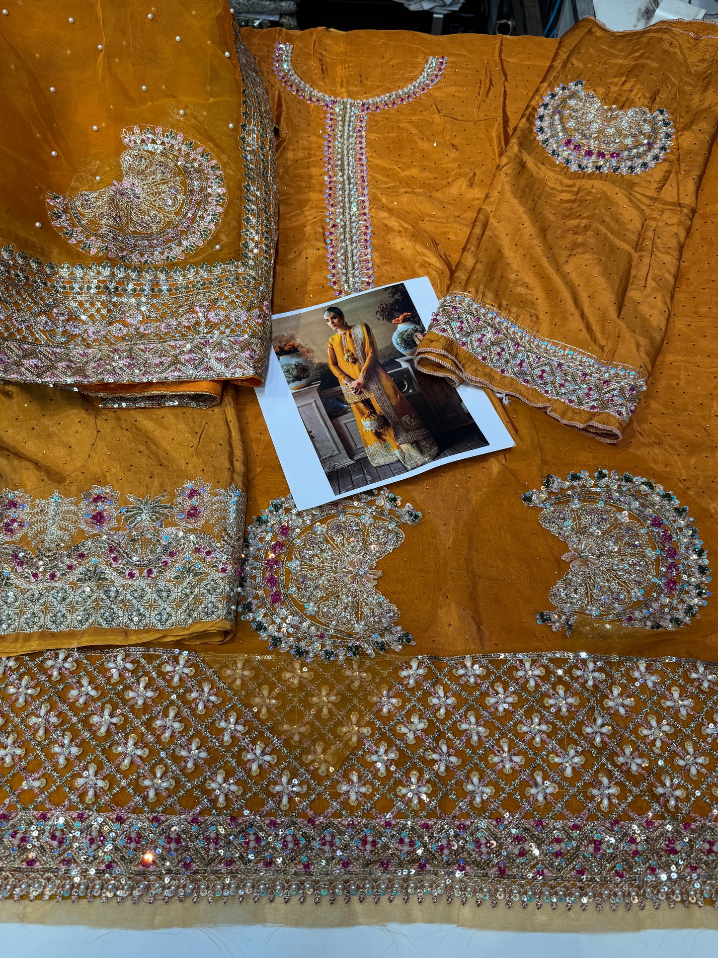 Hussain Rehar Arasti style mustard embroidered formal – product view 2
