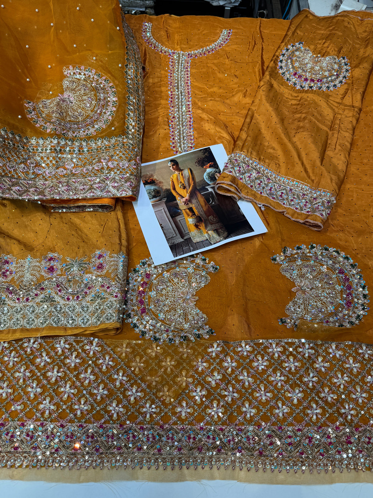 Hussain Rehar Arasti style mustard embroidered formal – product view 2