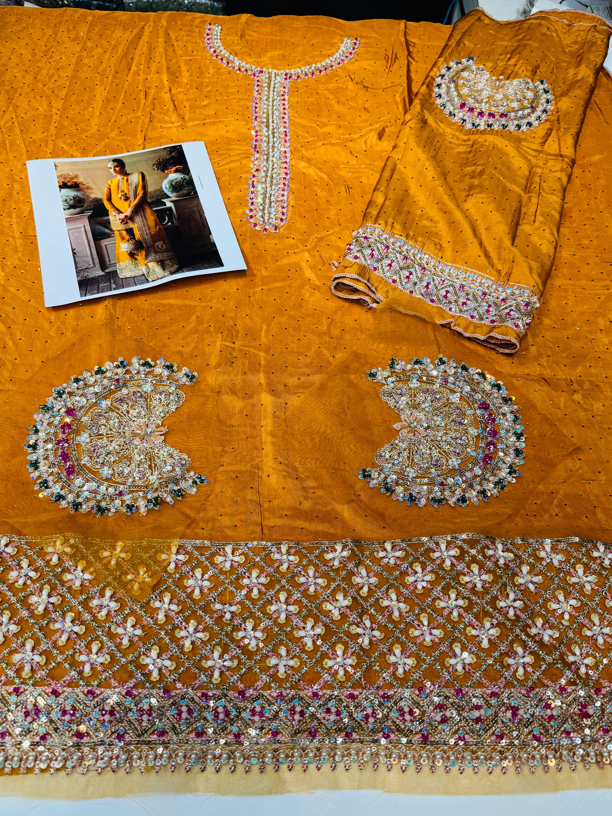 Hussain Rehar Arasti style mustard embroidered formal – product view 3