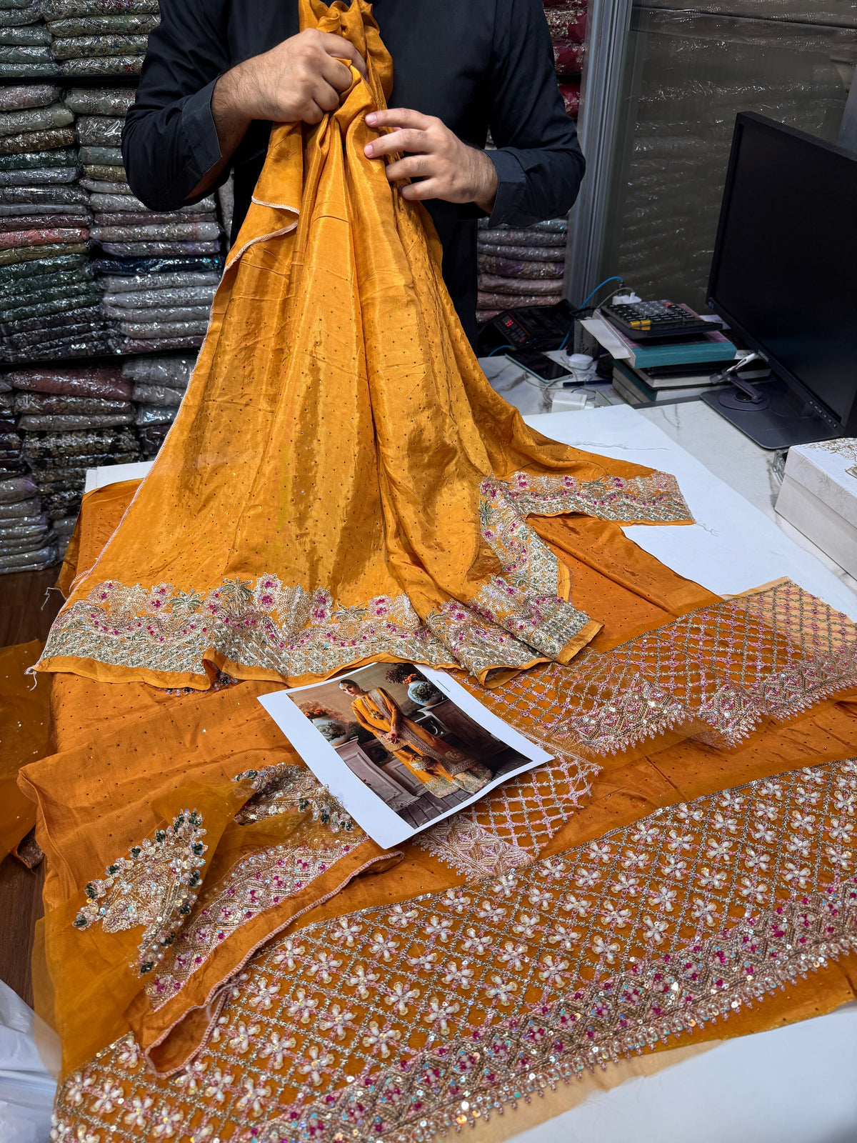 Hussain Rehar Arasti style mustard embroidered formal – product view 4