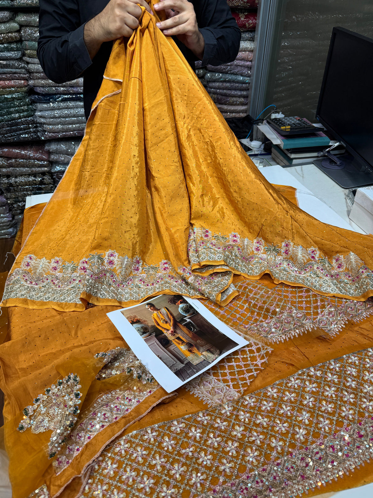 Hussain Rehar Arasti style mustard embroidered formal – product view 5