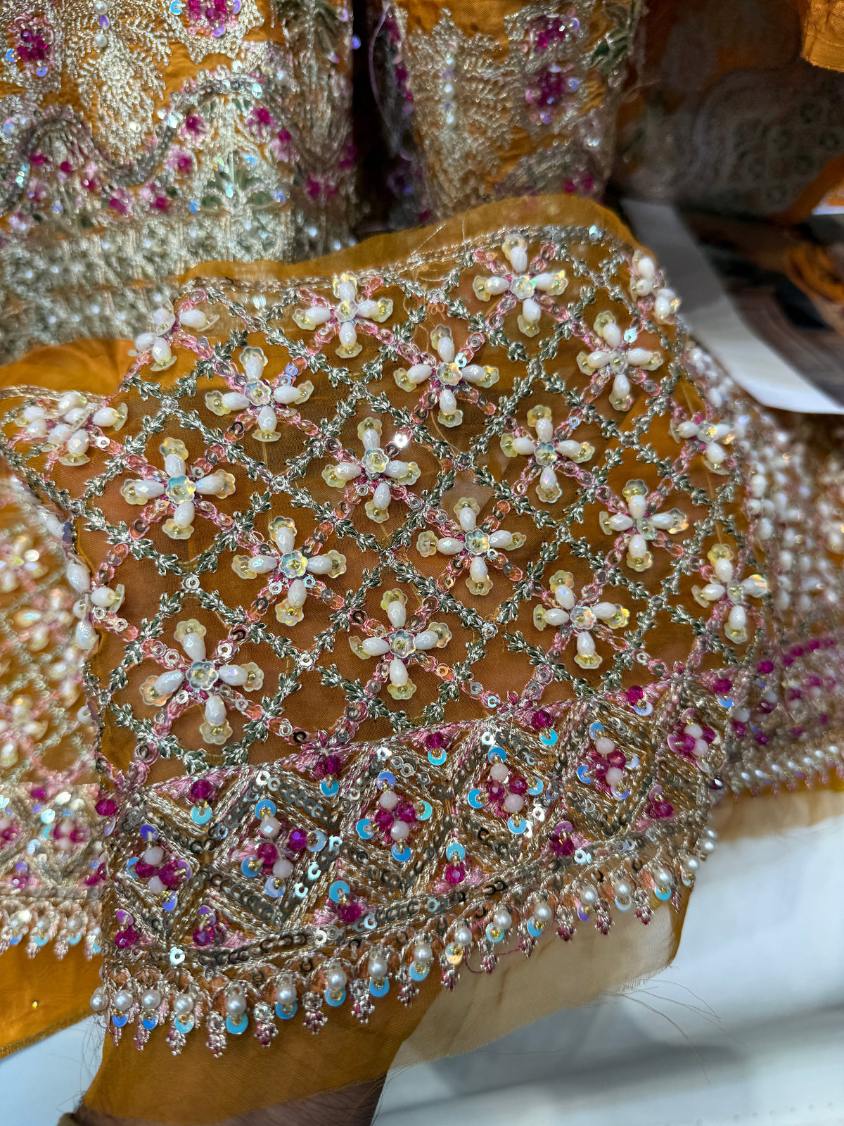 Hussain Rehar Arasti style mustard embroidered formal – product view 7