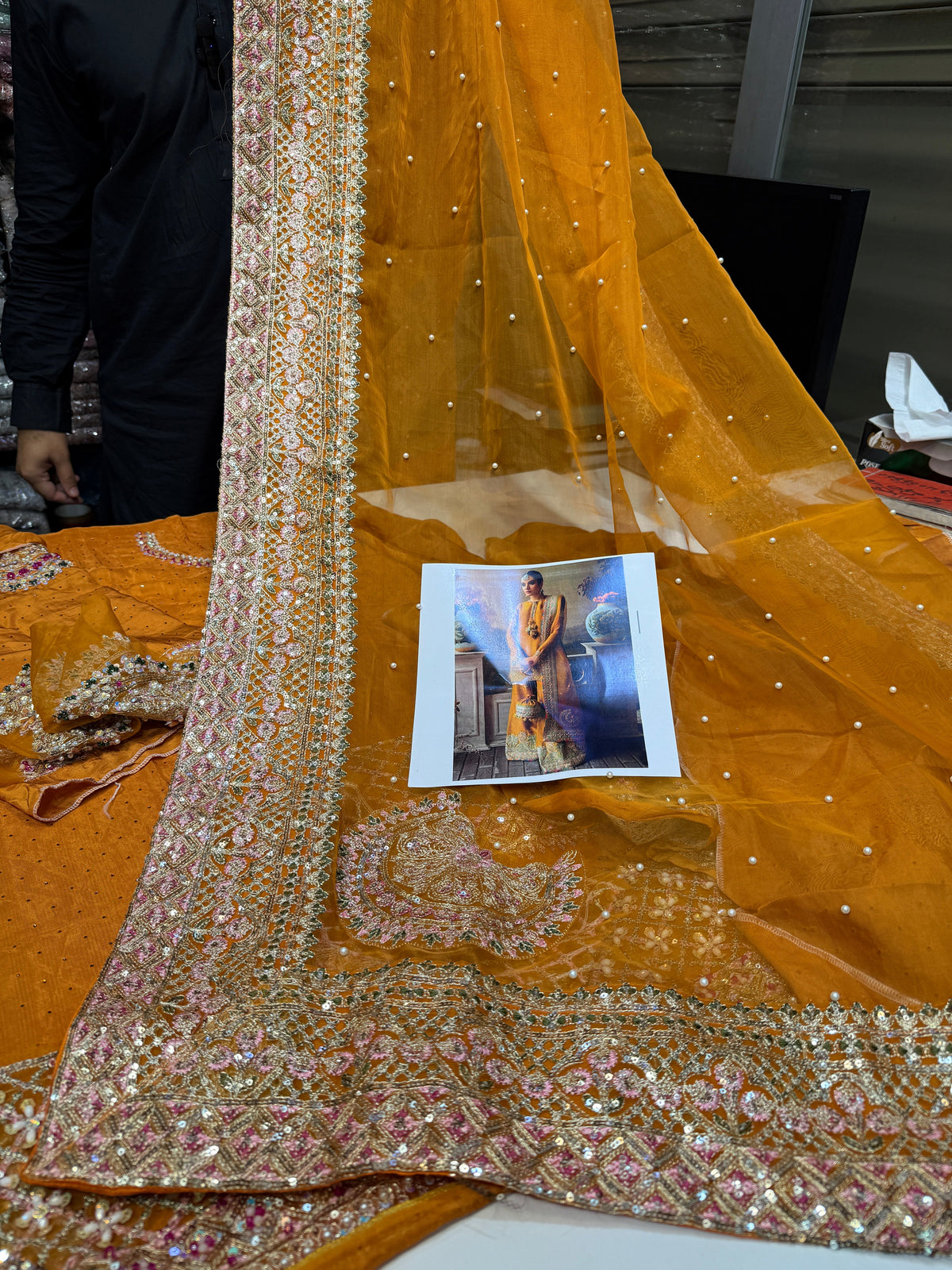 Hussain Rehar Arasti style mustard embroidered formal – product view 8