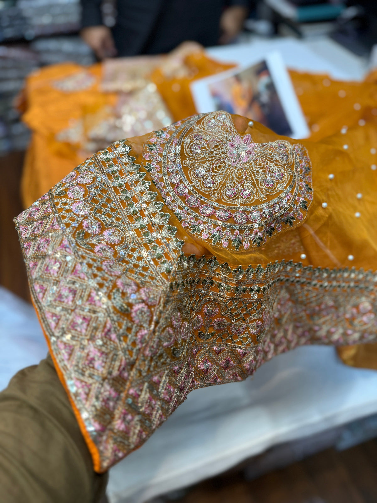 Hussain Rehar Arasti style mustard embroidered formal – product view 9