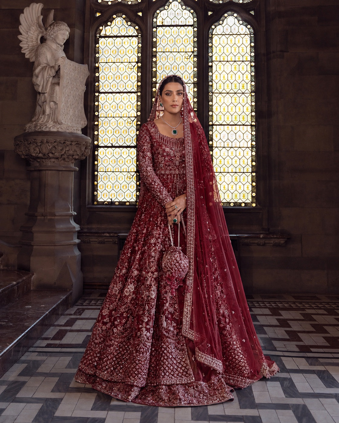 Faiza Saqlain Ayana Style Maroon full length view