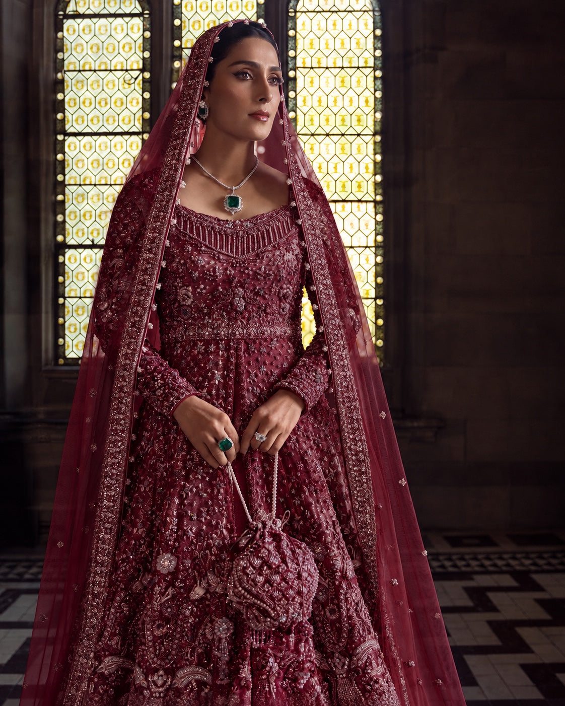 Faiza Saqlain Ayana Style Maroon portrait view