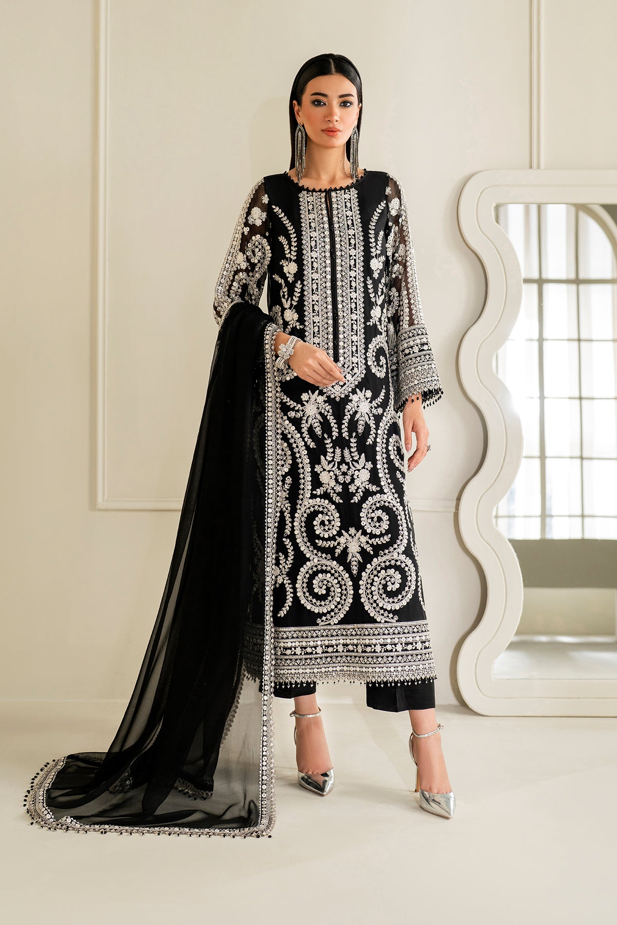Baroque UF-4158 Style by Mairaz, black embroidered chiffon formal front view