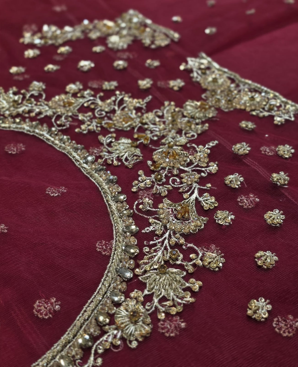 Bazif style real garment neckline and crystal border detail