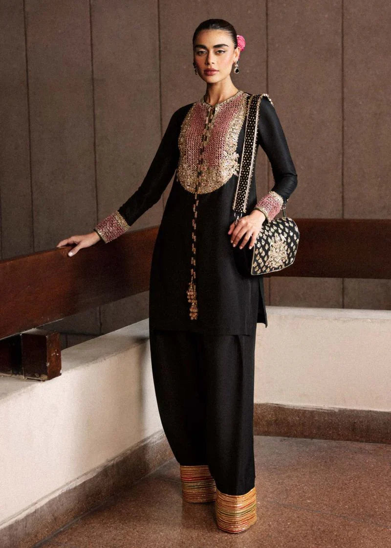 Char black three-piece formal outfit full look with gold embroidered yoke