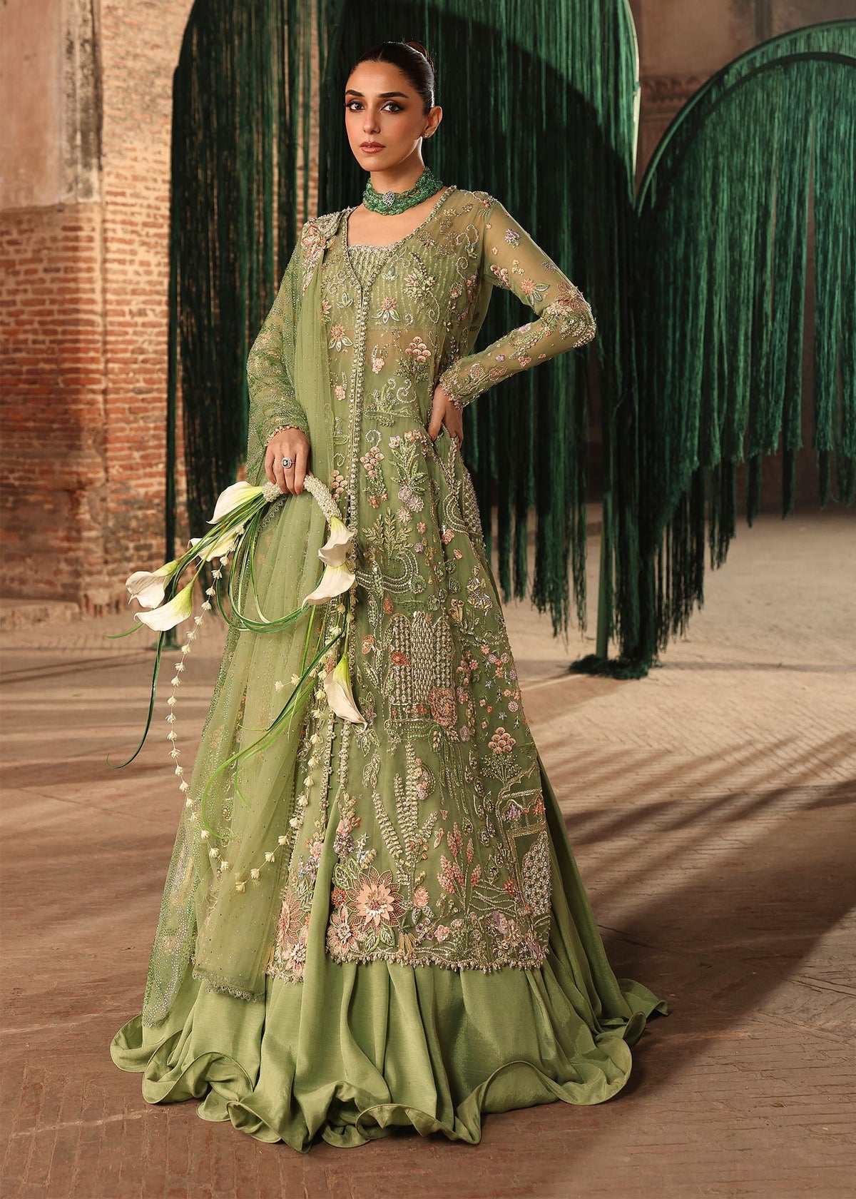 Crimson – Mint Green Net Embroidered Lehenga Style — Mairaz reproduction, product view 1 of 8
