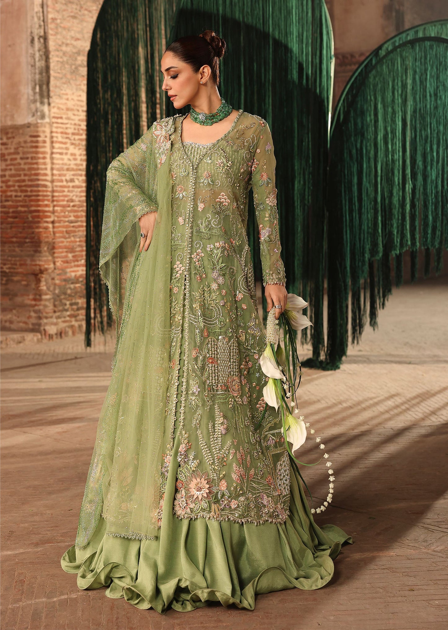 Crimson – Mint Green Net Embroidered Lehenga Style — Mairaz reproduction, product view 2 of 8