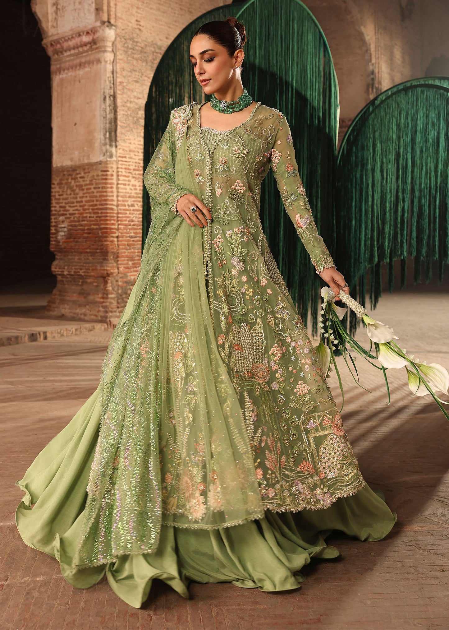 Crimson – Mint Green Net Embroidered Lehenga Style — Mairaz reproduction, product view 3 of 8