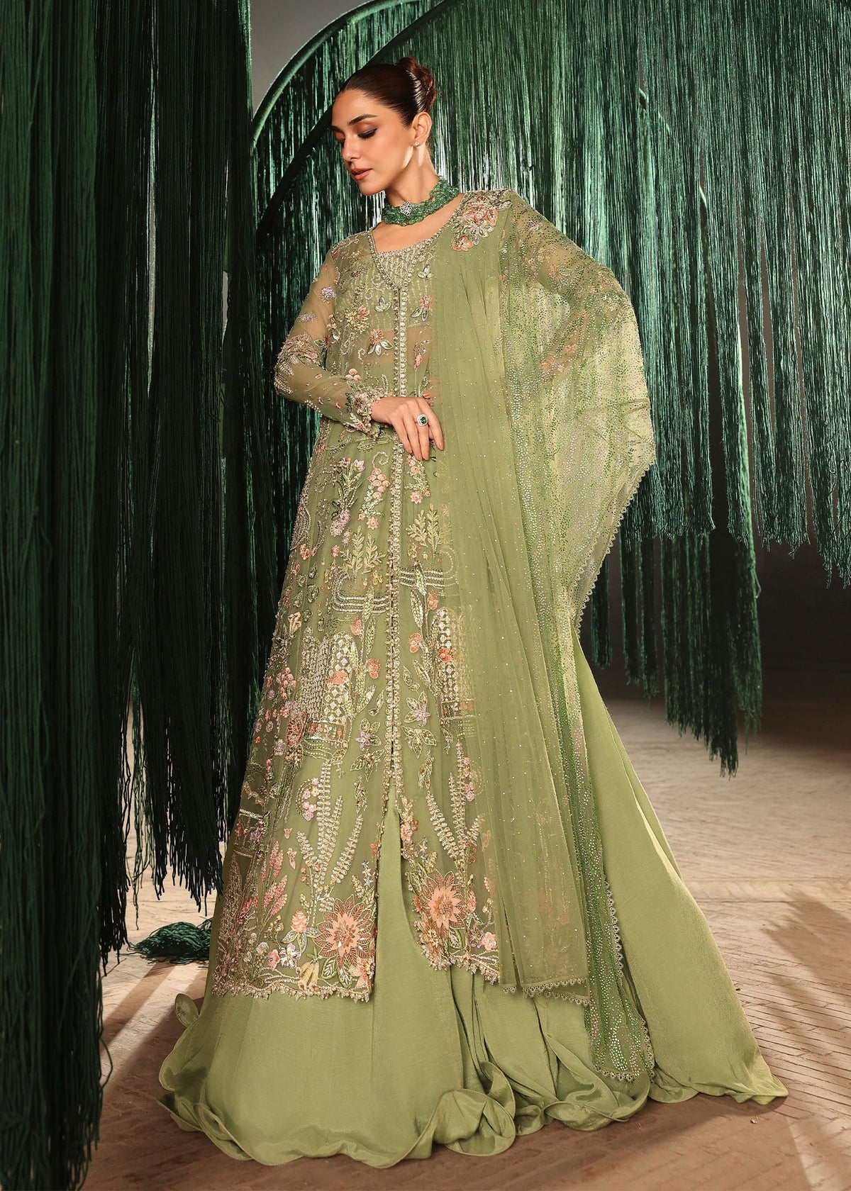 Crimson – Mint Green Net Embroidered Lehenga Style — Mairaz reproduction, product view 4 of 8