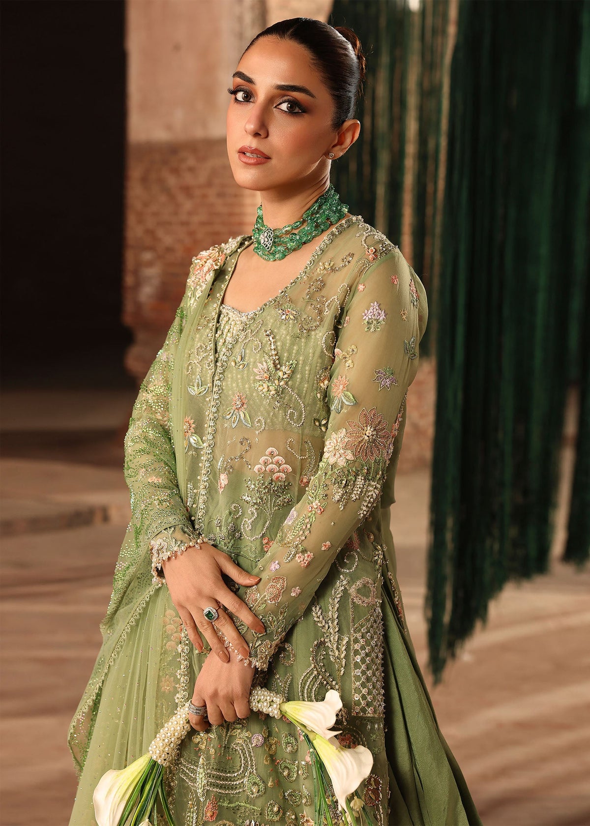Crimson – Mint Green Net Embroidered Lehenga Style — Mairaz reproduction, product view 5 of 8