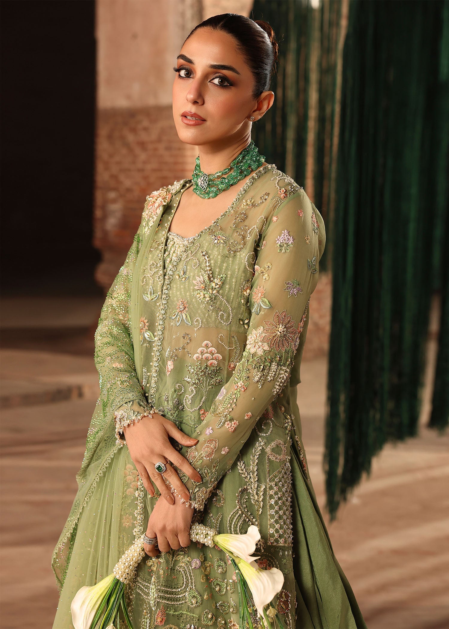 Crimson – Mint Green Net Embroidered Lehenga Style — Mairaz reproduction, product view 5 of 8