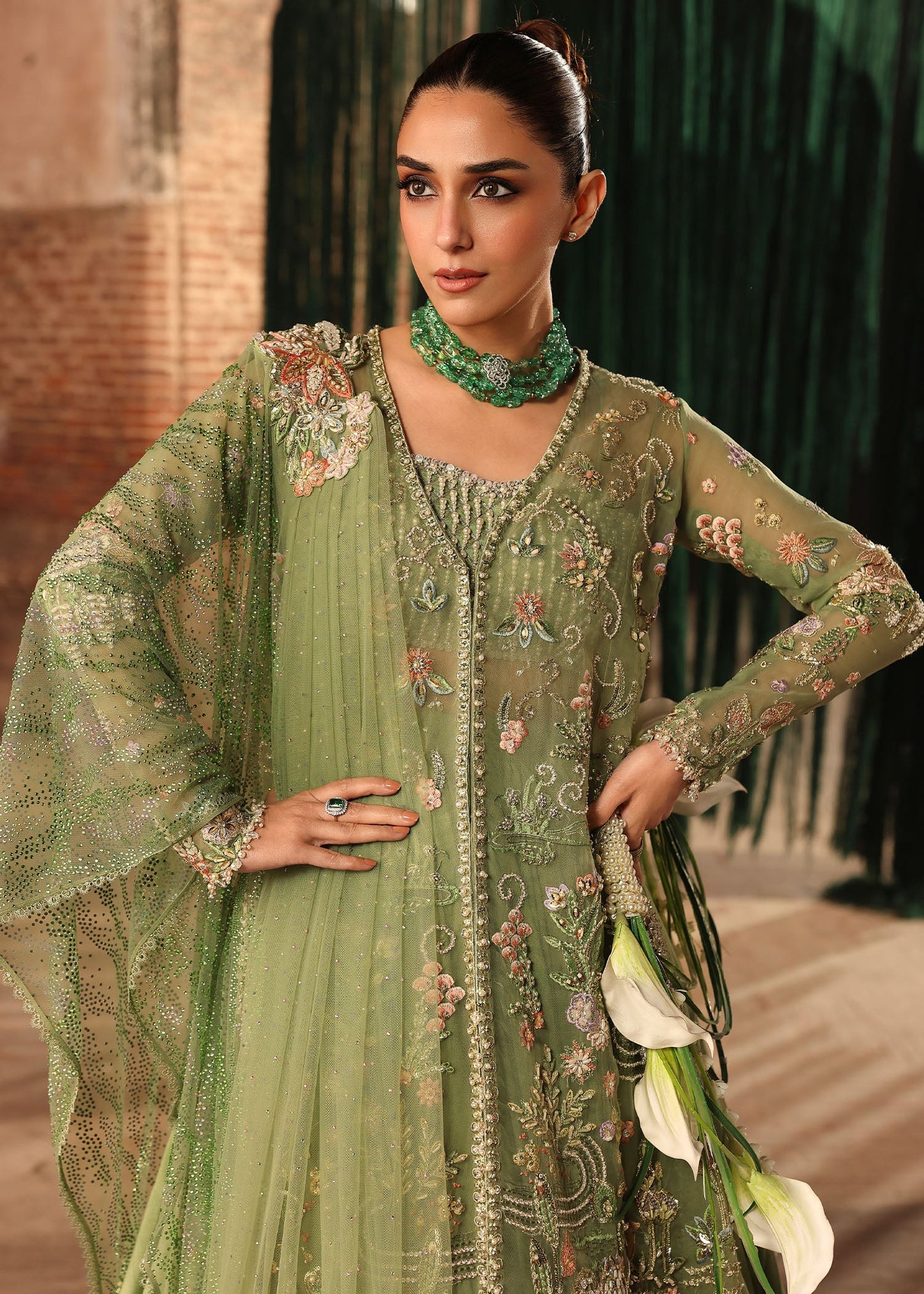 Crimson – Mint Green Net Embroidered Lehenga Style — Mairaz reproduction, product view 6 of 8