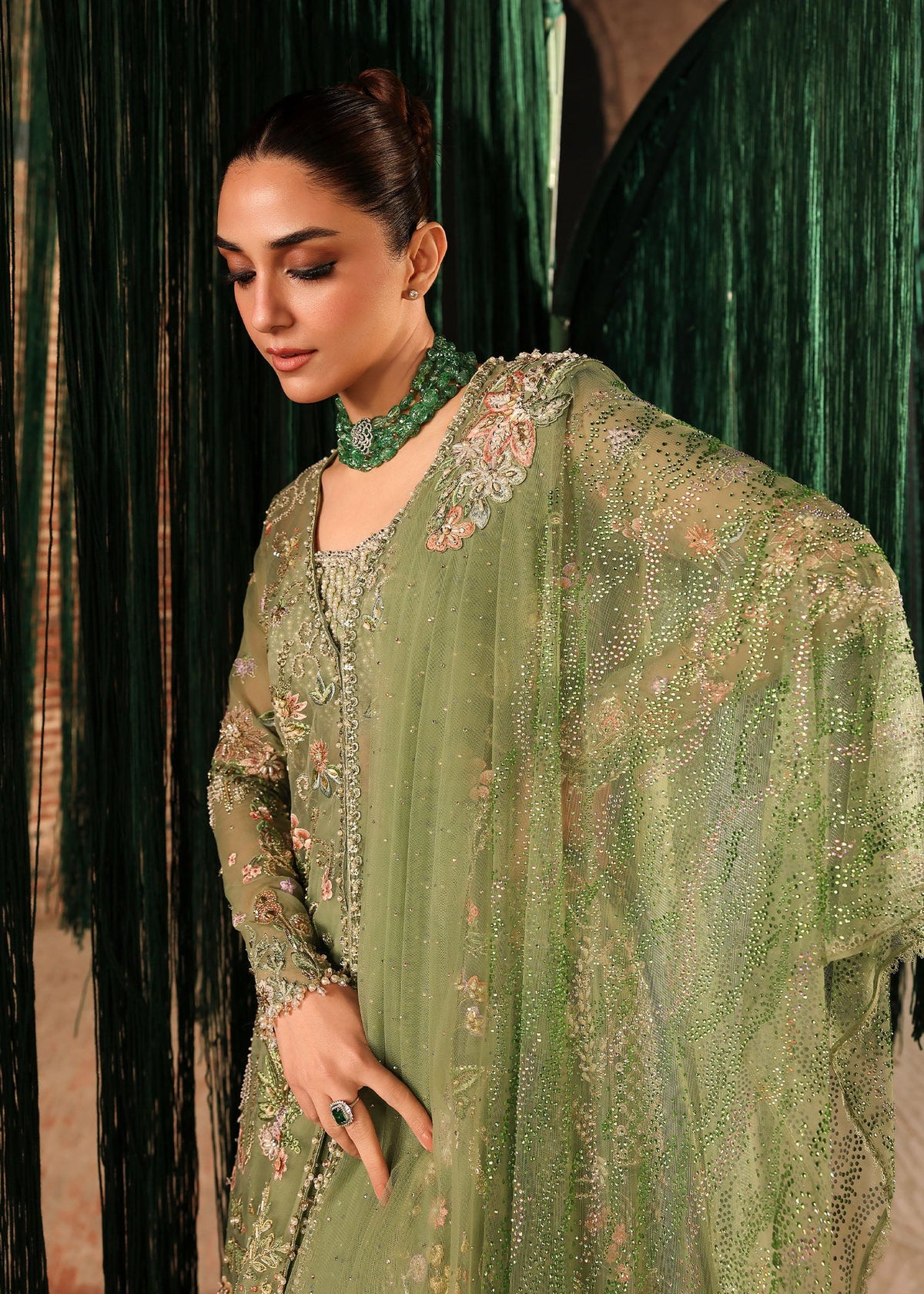 Crimson – Mint Green Net Embroidered Lehenga Style — Mairaz reproduction, product view 7 of 8