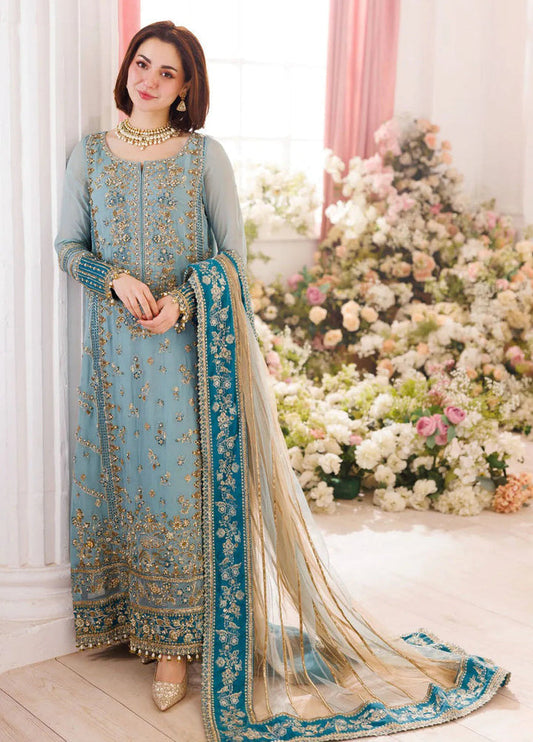 Charizma Dastan-e-Jashan powder blue outfit with gold net dupatta and embroidered border