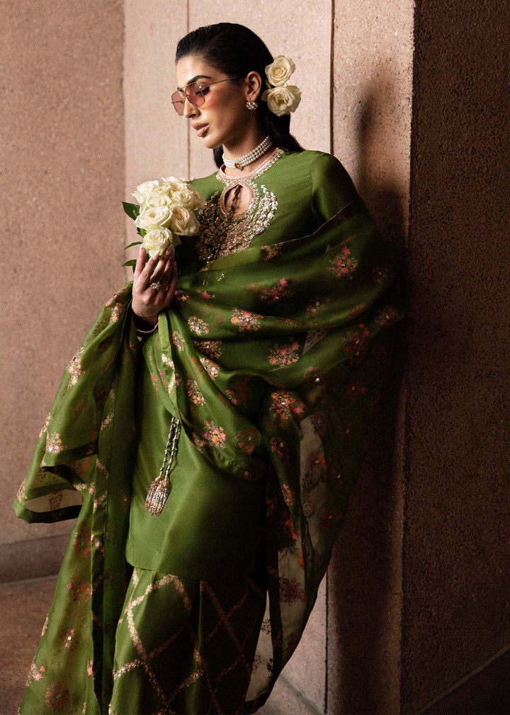 Green Merlot olive green outfit with floral printed dupatta draped over shoulder