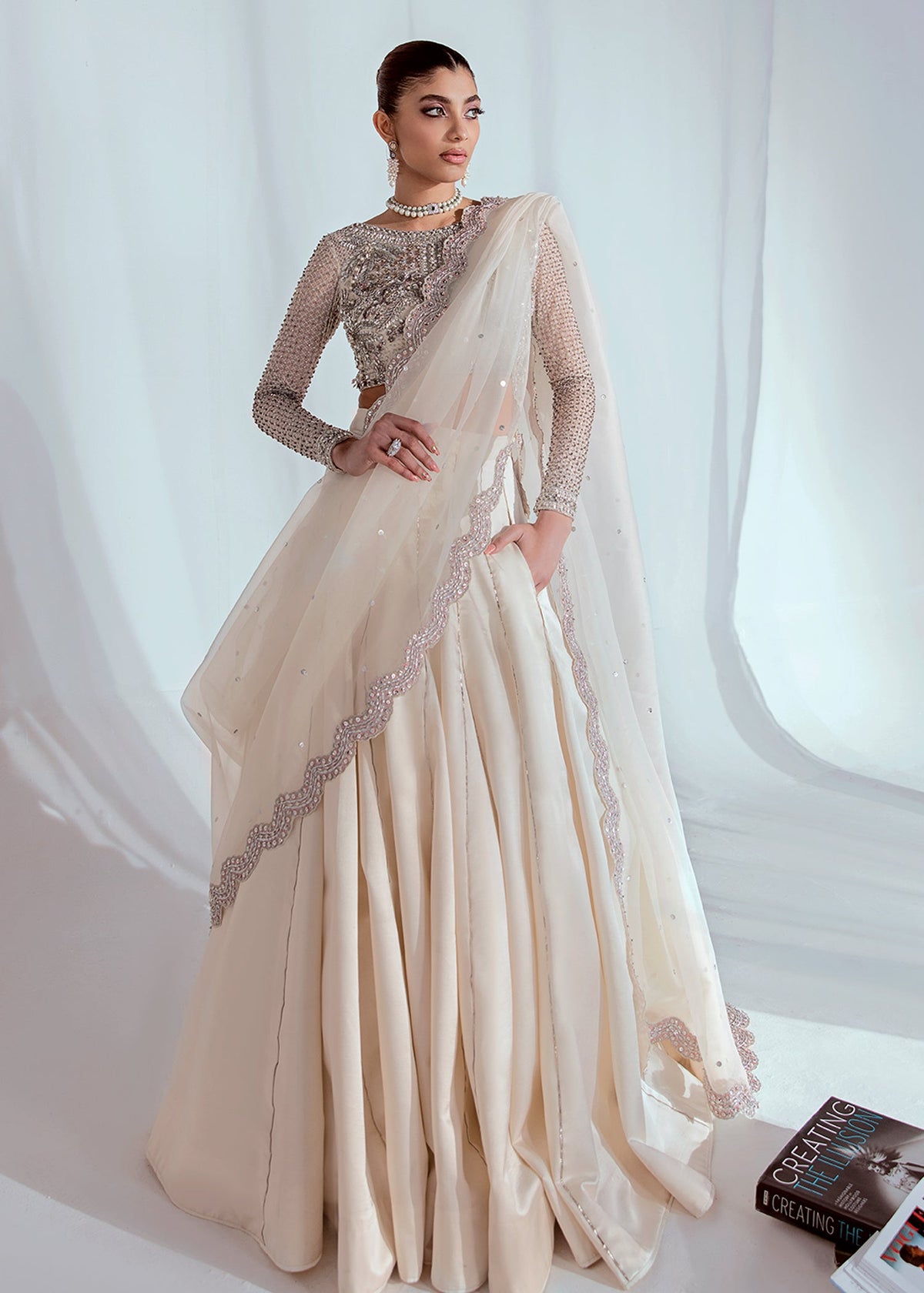 Hussain Rehar Dove style ivory and silver bridal lehenga – product view 1