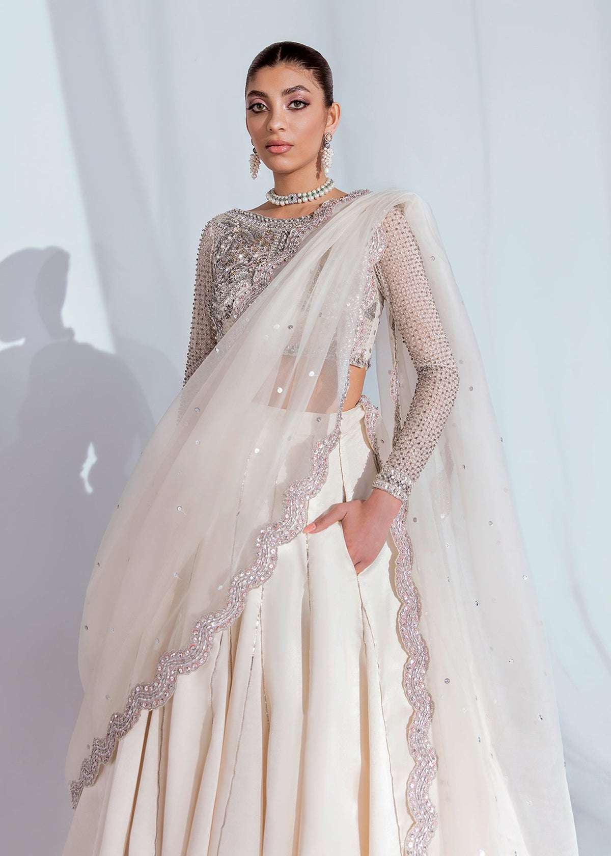 Hussain Rehar Dove style ivory and silver bridal lehenga – product view 4
