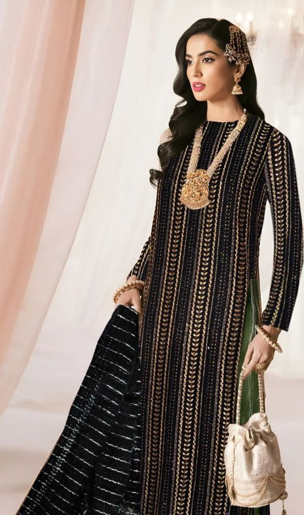 Nilofer Shahid Ecstasy Style — Mairaz Black & Gold Three-Piece Suit