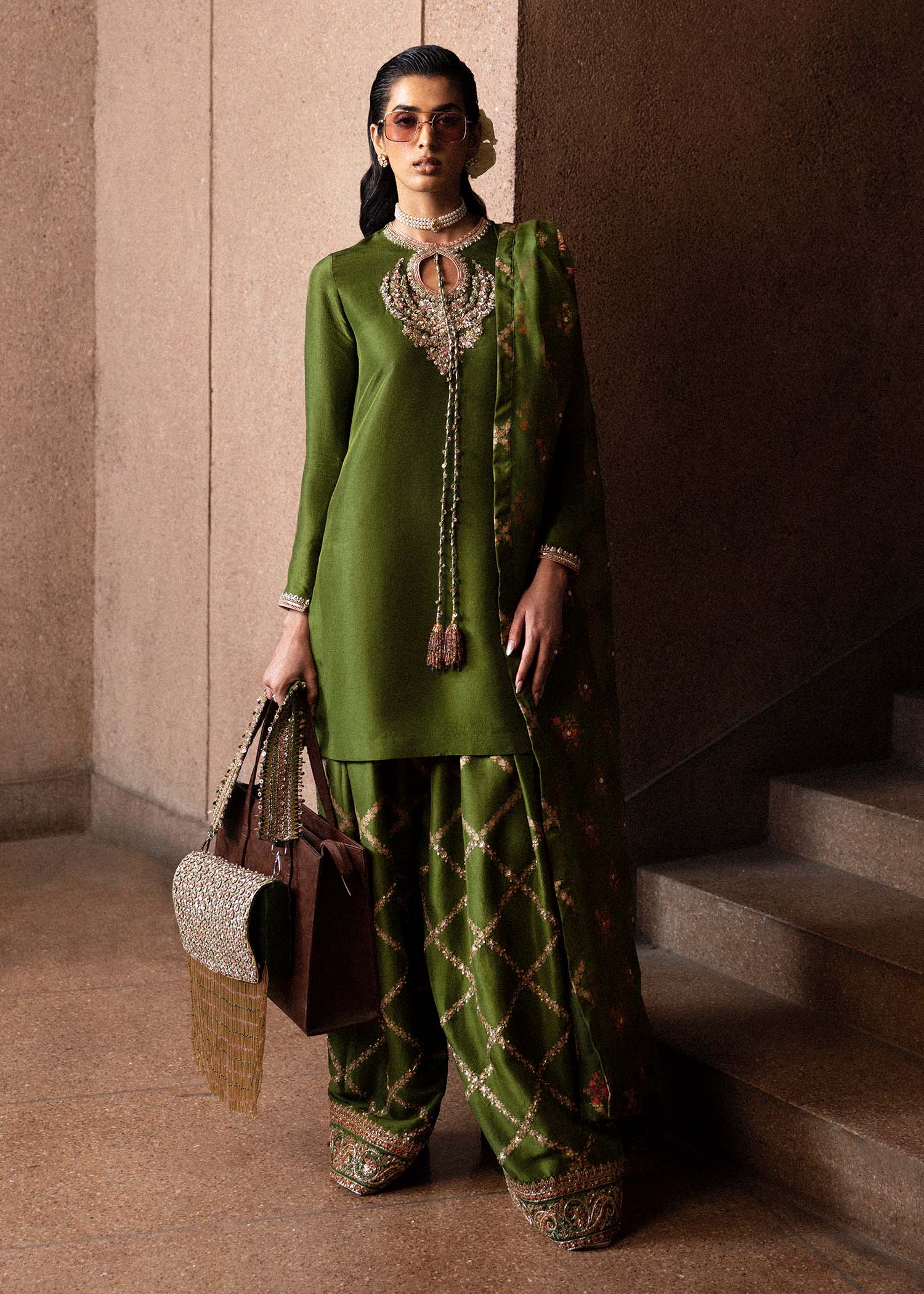 Hussain Rehar Celeine style — Mairaz olive green kurta set reference, view 1 of 9