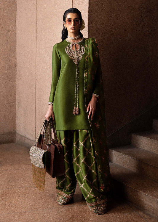 Hussain Rehar Celeine style — Mairaz olive green kurta set reference, view 1 of 9