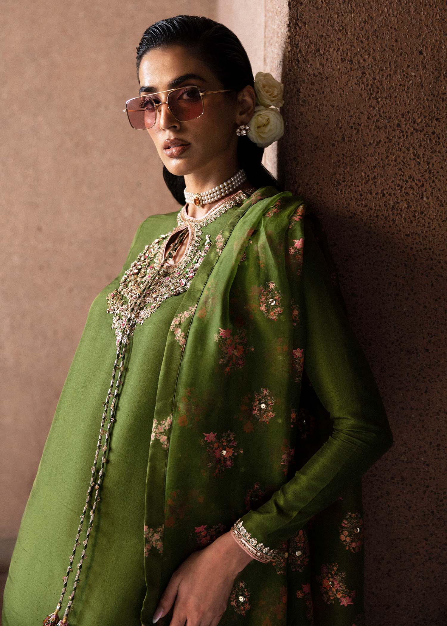 Hussain Rehar Celeine style — Mairaz olive green kurta set reference, view 7 of 9
