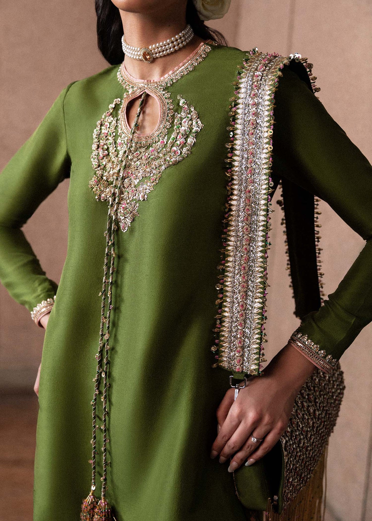 Hussain Rehar Celeine style — Mairaz olive green kurta set reference, view 3 of 9