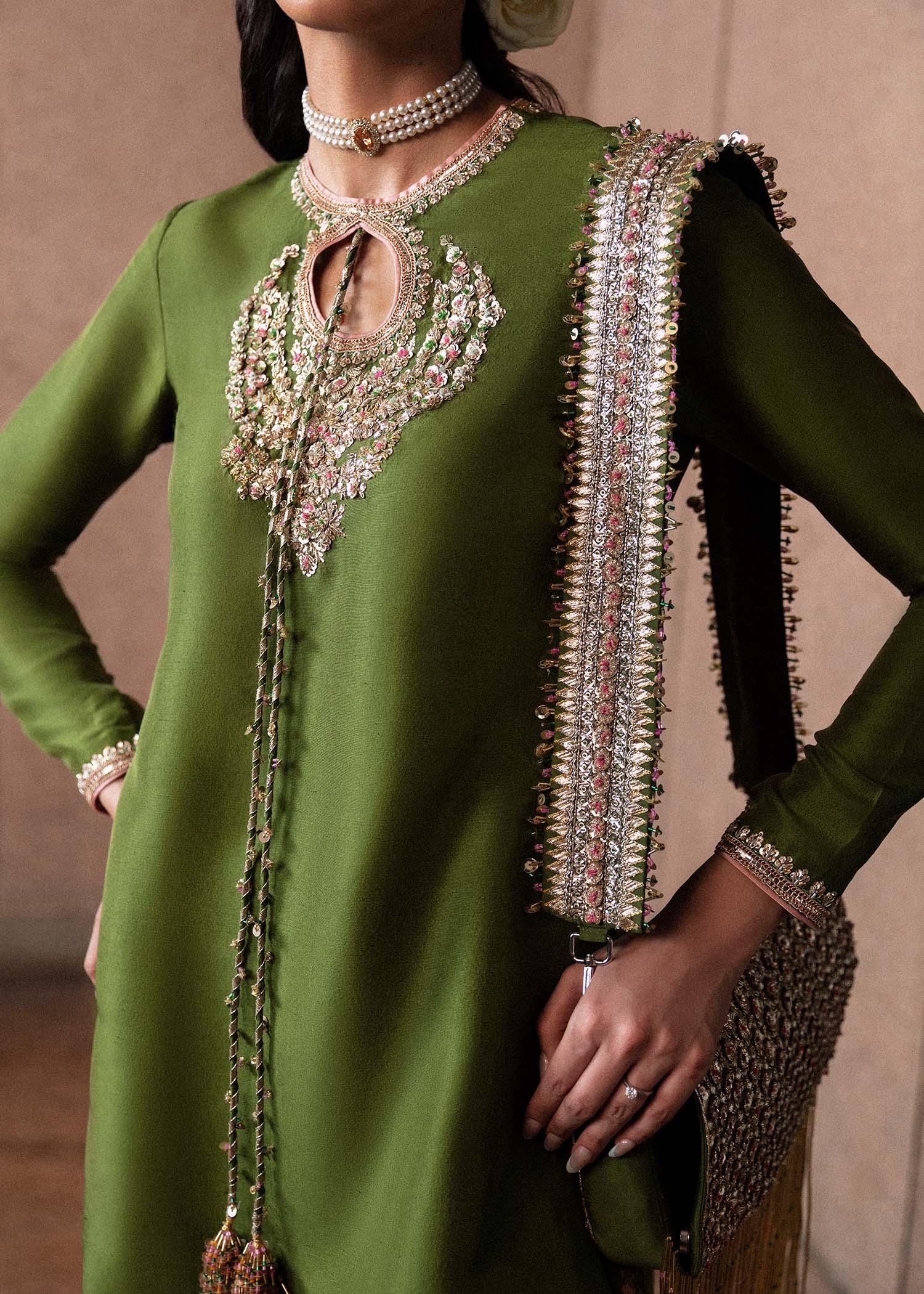 Hussain Rehar Celeine style — Mairaz olive green kurta set reference, view 3 of 9