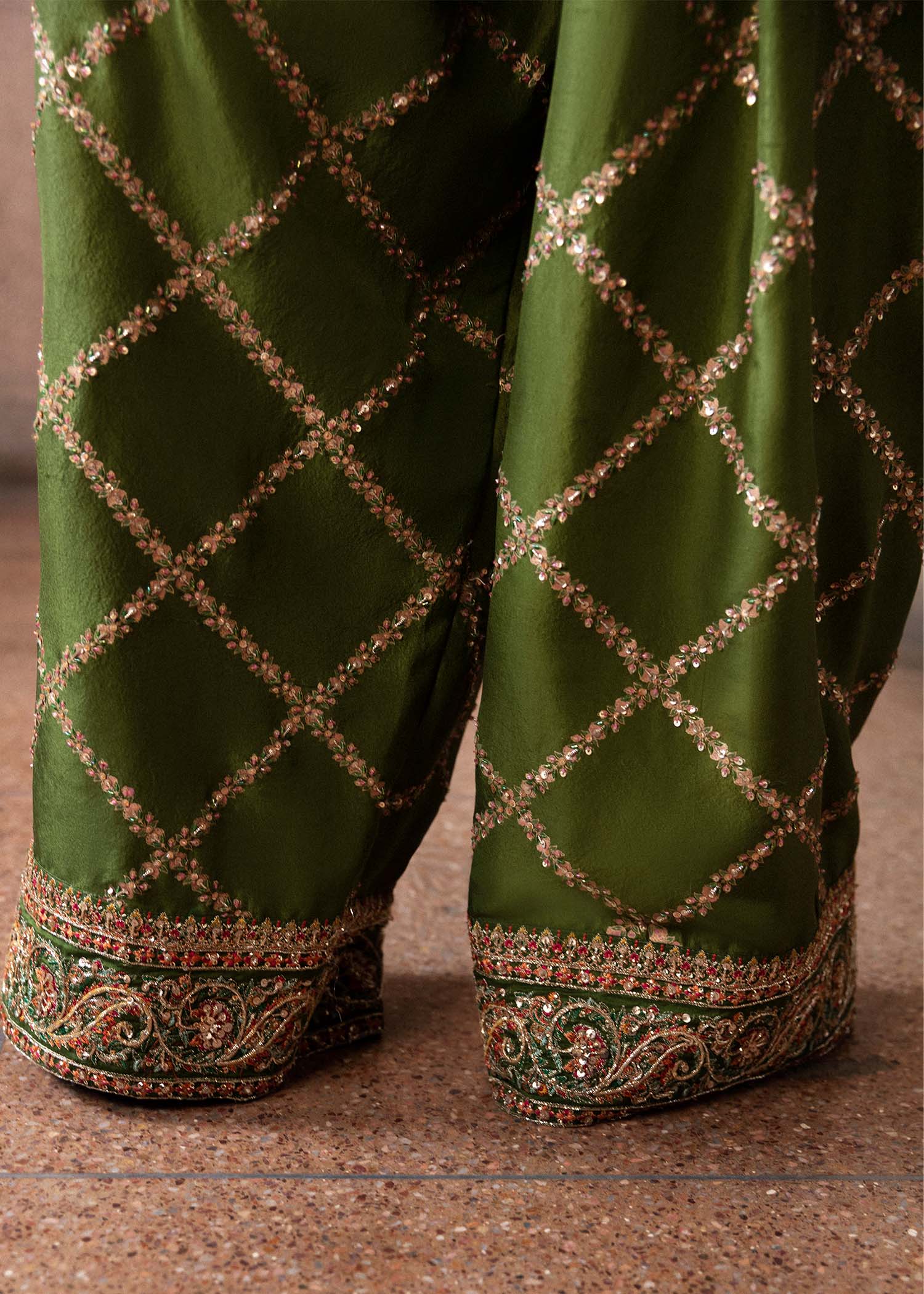 Hussain Rehar Celeine style — Mairaz olive green kurta set reference, view 5 of 9