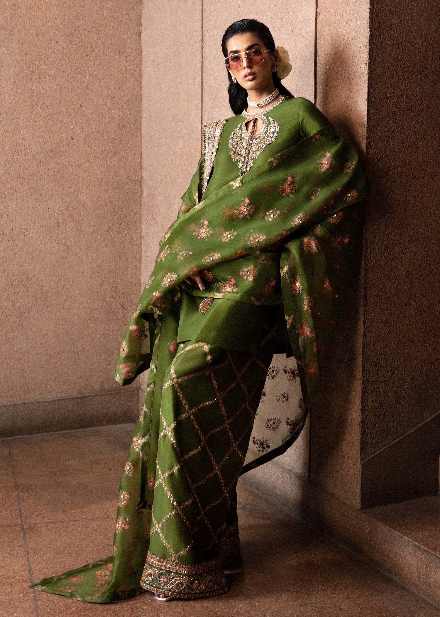 Hussain Rehar Celeine style — Mairaz olive green kurta set reference, view 8 of 9