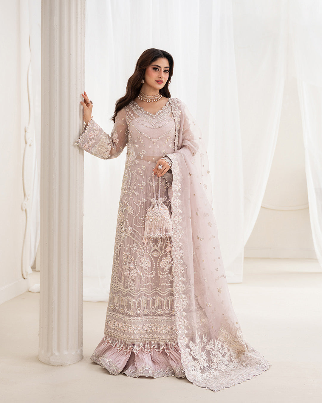 Faiza Saqlain Ela style dusty rose organza formal dress front view