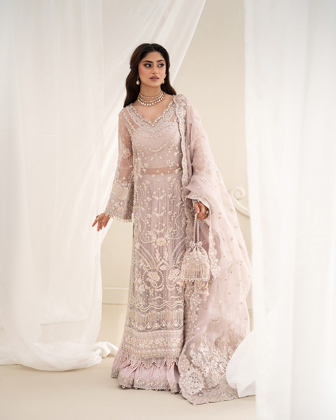 Faiza Saqlain Ela style dusty rose organza Pakistani wedding dress