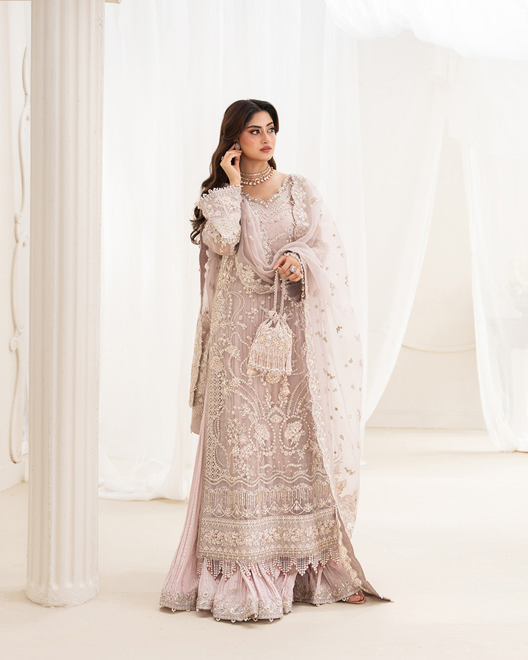 Ela style dusty rose embroidered organza shirt and dupatta