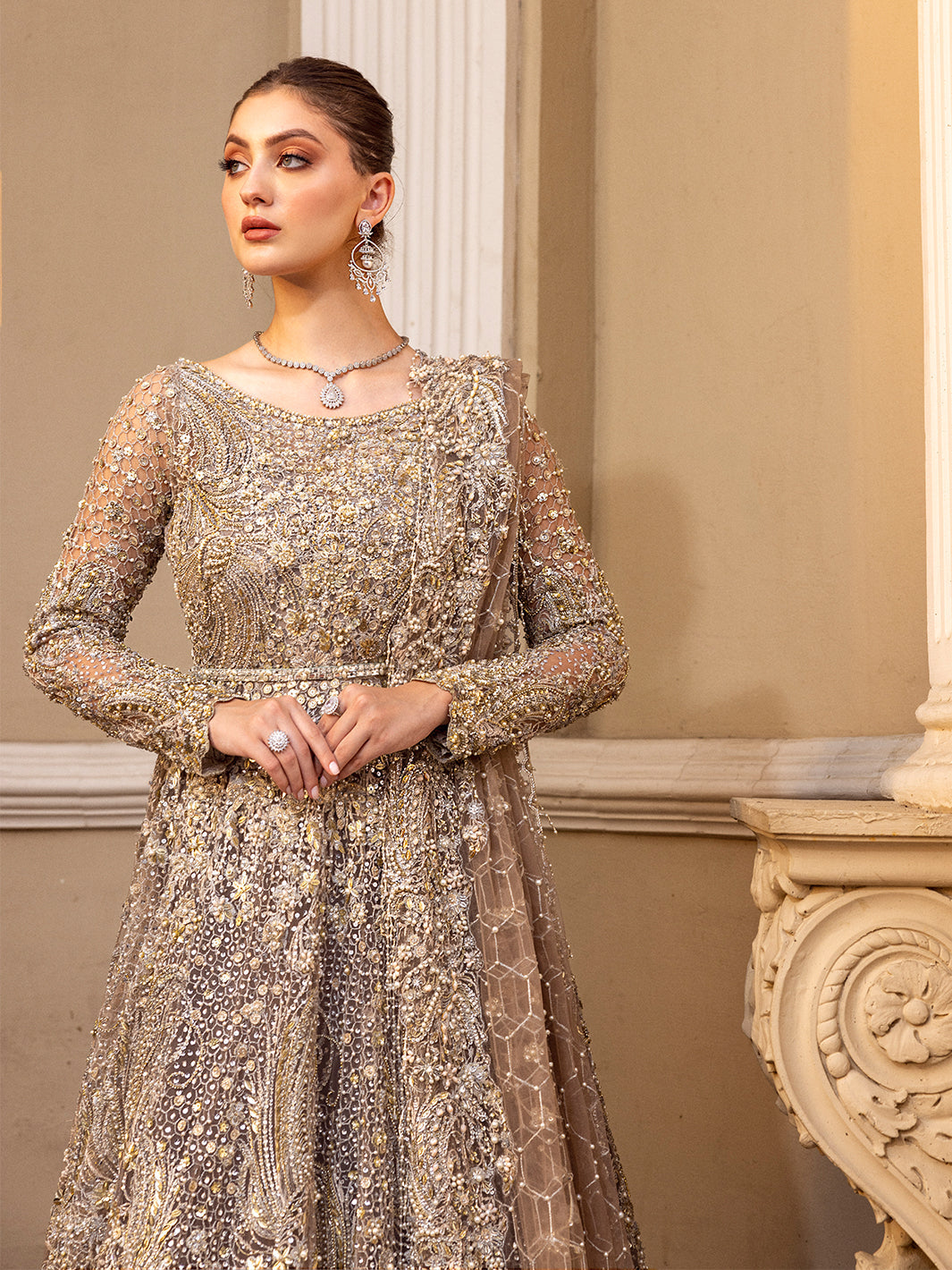 Epoque Chartreuse Silver-grey with muted peach accents — bodice detail, design reference