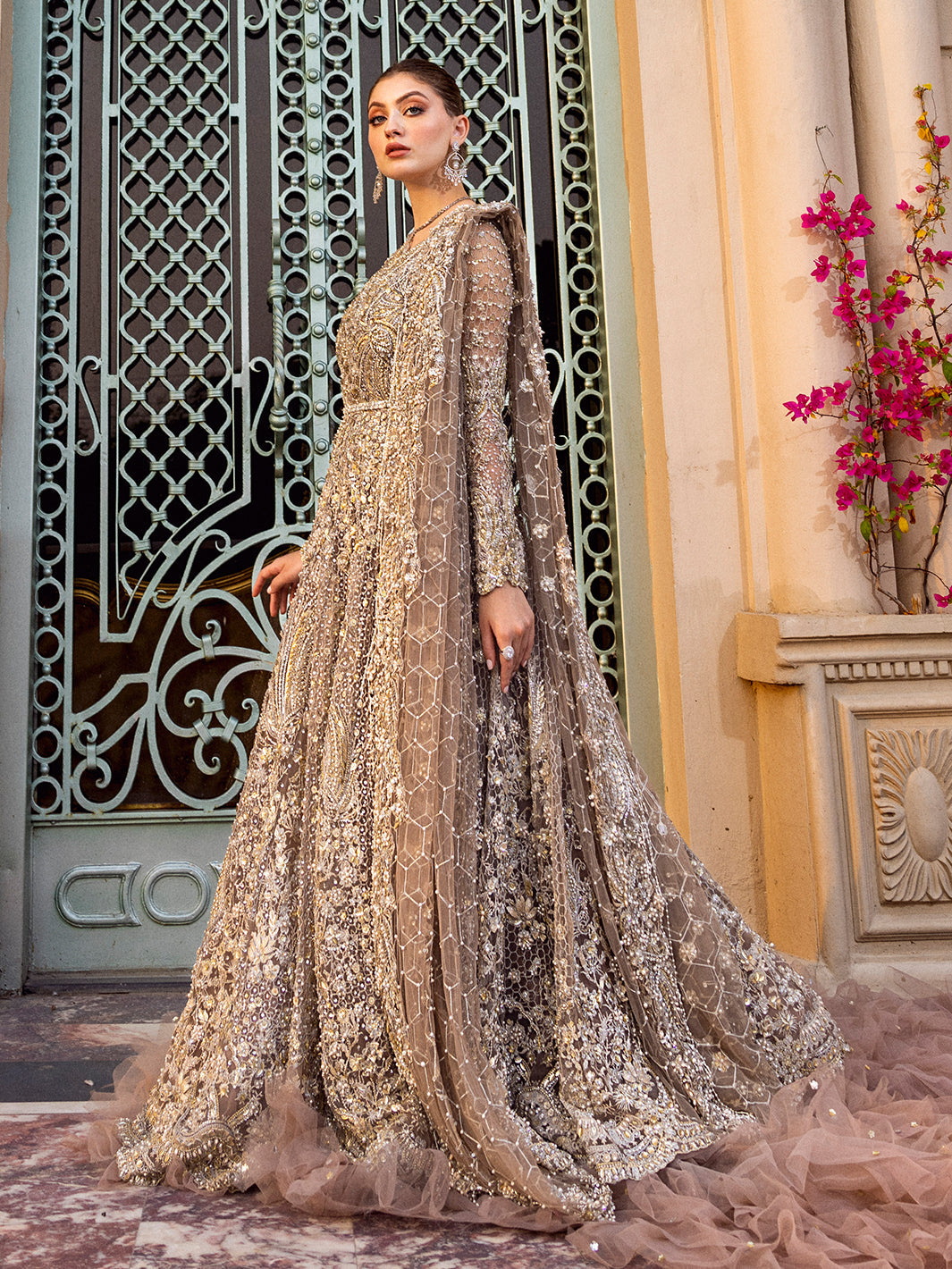 Epoque Chartreuse Silver-grey with muted peach accents — dupatta drape, design reference