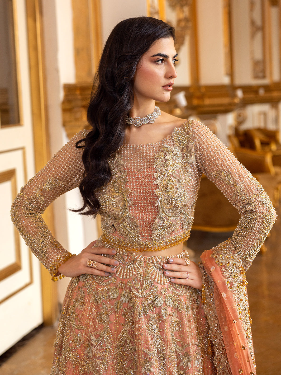 Epoque Soiree Style coral peach embellished bridal lehenga front detail