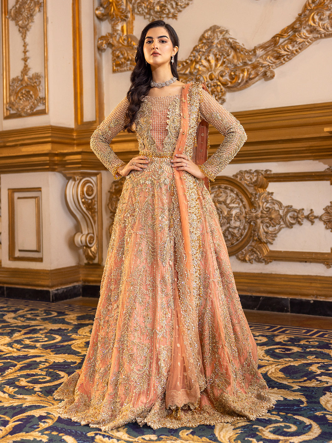 Epoque Soiree Style coral peach embellished bridal lehenga full front look