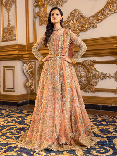Epoque Soiree Style coral peach embellished bridal lehenga full front look