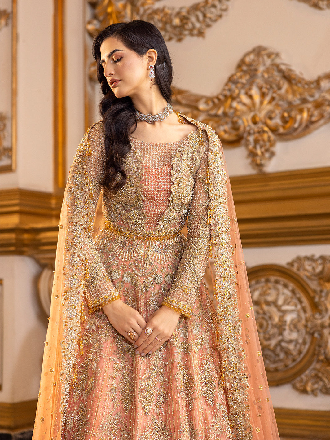 Epoque Soiree Style coral peach bridal lehenga with embellished dupatta